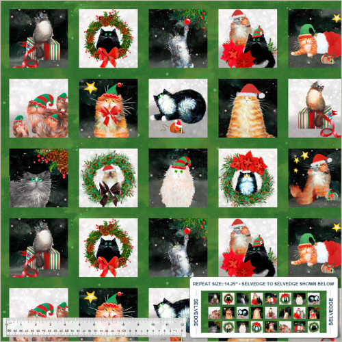 Windham Fabrics Meowy Christmas Green Red Christmas Cat Postcard Panel