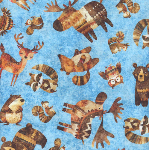 Quilting Treasures Fabrics Bearsville Dan Morris Cream Deer Owl Bear Squirrel Toss, playful woodland animals on light blue background.
