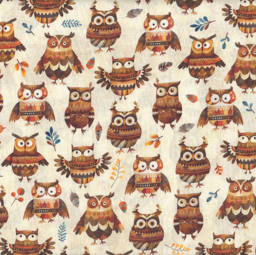 Quilting Treasures Fabrics Bearsville Dan Morris Cream Owls, fabric featuring a pattern of colorful cartoon owls and leaves on a cream background.