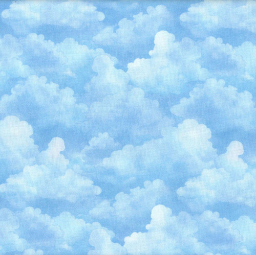 Quilting Treasures Fabrics Bearsville Dan Morris Blue Clouds, fabric with a pattern of fluffy white clouds on a blue sky background.
