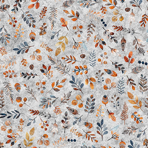 Quilting Treasures Fabrics Bearsville Dan Morris Grey Leaves Acorns, fabric with an autumn-inspired pattern of orange, brown, blue, and yellow leaves and acorns on a grey textured background.