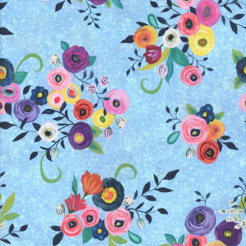 Quilting Treasures Fabrics Blooming Bouquet Suzanne Allard Blue Pink Yellow Watercolor Flower Toss