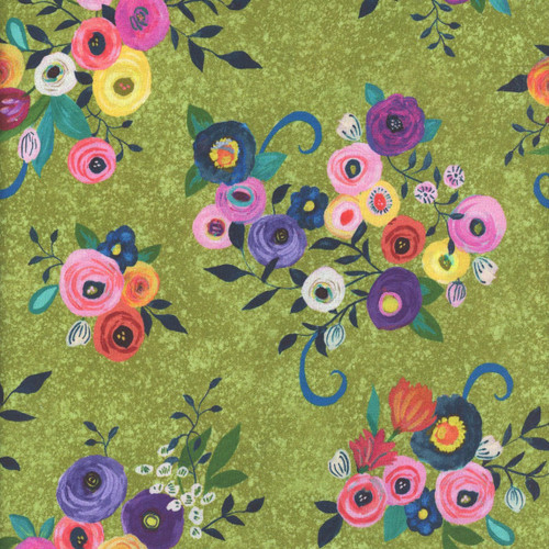 Quilting Treasures Fabrics Blooming Bouquet Suzanne Allard Green Pink Yellow Watercolor Flower Toss