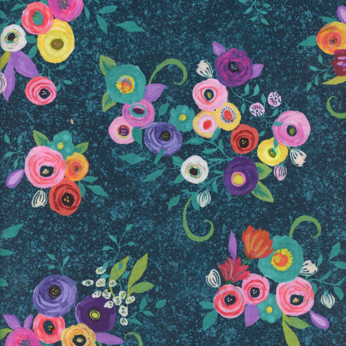 Quilting Treasures Fabrics Blooming Bouquet Suzanne Allard Navy Pink Yellow Watercolor Flower Toss