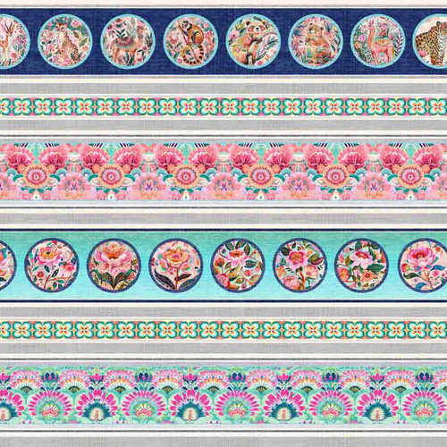 Quilting Treasures Fabrics Exotica Dan Morris Blue Pink Floral Stripe
