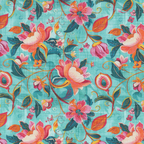 Quilting Treasures Fabrics Exotica Dan Morris Aqua Blue Green Flowers, vibrant floral pattern fabric with pink, orange, yellow, and green flowers and leaves on aqua blue background.
