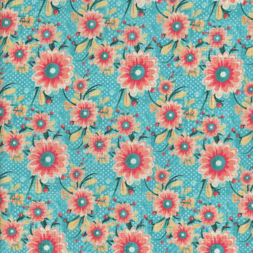 Quilting Treasures Fabrics Exotica Dan Morris Blue Yellow Orange Posies, fabric with a floral pattern of pink, yellow, and orange flowers on a blue background with small white polka dots.