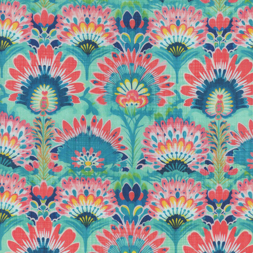 Quilting Treasures Fabrics Exotica Dan Morris Blue Orange Yellow Arched Flowers, colorful floral fabric pattern with pink, blue, yellow, and green flowers. Quilting Treasures Fabrics Exotica Dan Morris Blue Orange Yellow Arched Flowers, colorful floral fabric pattern with pink, blue, yellow, and green flowers.