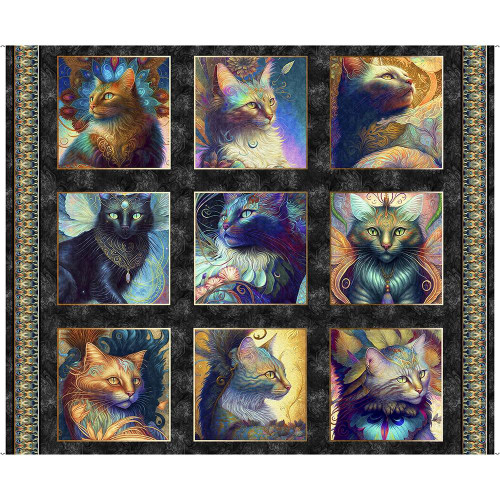 Quilting Treasures Fabrics Feline Fantasia Dan Morris Blue Gold Fantastic Cats Picture Panel 36, colorful artistic cat portraits in a decorative quilt panel design.