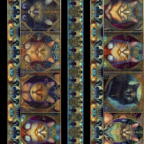 Quilting Treasures Fabrics Feline Fantasia Dan Morris Teal Blue Gold Fantastic Cat Border Stripe, detailed pattern featuring colorful, artistic cats with intricate decorative elements and vibrant hues of teal, blue, and gold.