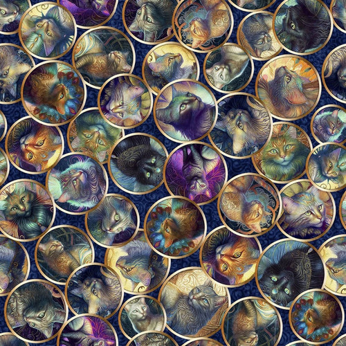 Quilting Treasures Fabrics Feline Fantasia Dan Morris Navy Blue Fantastic Cat Medallions