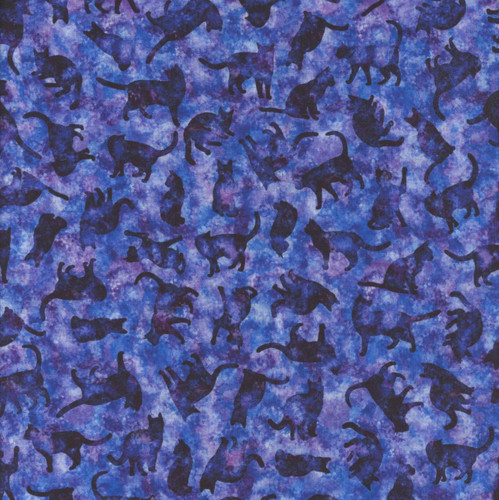 Quilting Treasures Fabrics Feline Fantasia Dan Morris Purple Cat Silhouette Shadows, fabric with dark purple cat silhouettes on a vibrant purple and blue mottled background. Quilting Treasures Fabrics Feline Fantasia Dan Morris Purple Cat Silhouette Shadows, fabric with dark purple cat silhouettes on a vibrant purple and blue mottled background.
