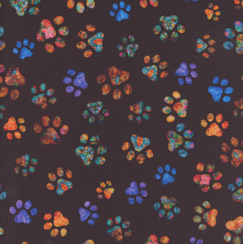 Quilting Treasures Fabrics Feline Fantasia Dan Morris Black Orange Blue Cat Paw Prints, fabric with colorful paw print pattern on black background. Quilting Treasures Fabrics Feline Fantasia Dan Morris Black Orange Blue Cat Paw Prints, fabric with colorful paw print pattern on black background.