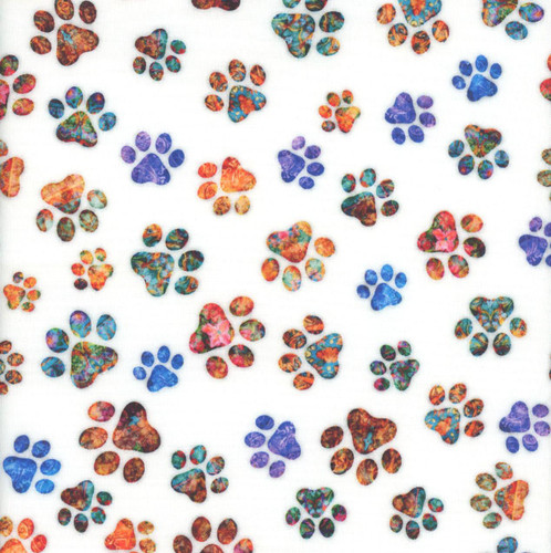 Quilting Treasures Fabrics Feline Fantasia Dan Morris White Orange Blue Cat Paw Prints, colorful cat paw print pattern on white fabric background. Quilting Treasures Fabrics Feline Fantasia Dan Morris White Orange Blue Cat Paw Prints, colorful cat paw print pattern on white fabric background.