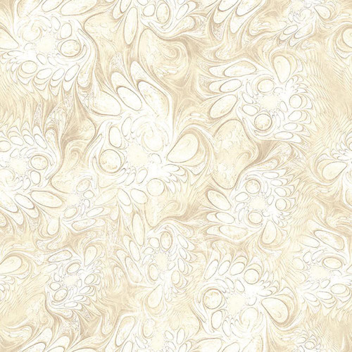 Quilting Treasures Fabrics Feline Fantasia Dan Morris Cream Oil on Water Marble, abstract water marble pattern in cream and beige tones with fluid, swirling designs.