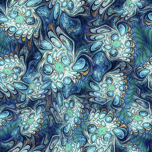 Quilting Treasures Fabrics Feline Fantasia Dan Morris Teal Oil on Water Marble, fabric pattern featuring swirling teal, blue, green, white, and gold abstract floral and water-inspired designs.