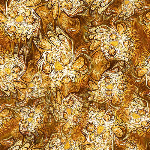 Quilting Treasures Fabrics Feline Fantasia Dan Morris Gold Yellow Oil on Water Marble, intricate marbled textile pattern with gold and yellow hues blending in water-like swirls and feathered textures.