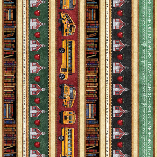 Quilting Treasures Fabrics Grab Bag Season 3 Dan Morris Red Yellow Back To School Stripe, colorful fabric with school bus, red apples, houses, and books design.