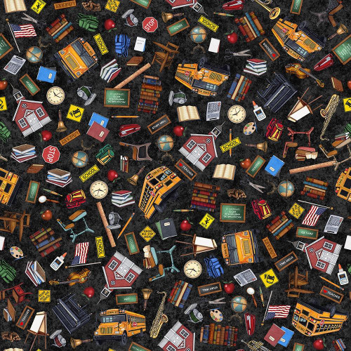 Quilting Treasures Fabrics Grab Bag Season 3 Dan Morris Black Back to School Supplies, assorted school-related items including books, school buses, apples, clocks, backpacks, and school signs on a black background.