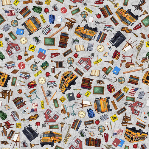 Quilting Treasures Fabrics Grab Bag Season 3 Dan Morris Grey Back to School Supplies, a detailed pattern featuring school buses, books, apples, chalkboards, and other educational-themed items.