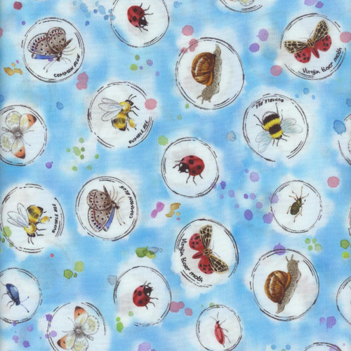 Quilting Treasures Fabrics Healing Garden Jane Maday Blue Insect Bubbles, fabric featuring illustrations of bees, ladybugs, butterflies, and insects in bubbles on a blue background with colorful splashes.