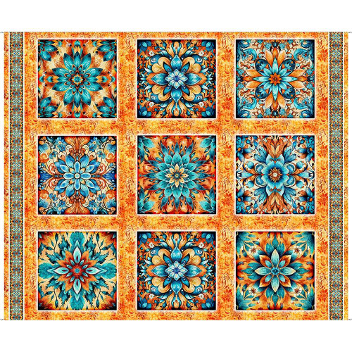 Quilting Treasures Fabrics Oasis Dan Morris Yellow Desert Rose Floral Tile Panel 36 inches, colorful floral tile pattern with intricate blue, orange, and beige designs arranged in nine squares with a decorative border. Quilting Treasures Fabrics Oasis Dan Morris Yellow Desert Rose Floral Tile Panel 36 inches, colorful floral tile pattern with intricate blue, orange, and beige designs arranged in nine squares with a decorative border.