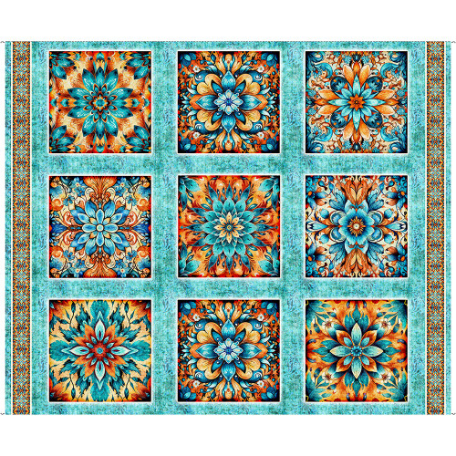 Quilting Treasures Fabrics Oasis Dan Morris Turquoise Blue Desert Rose Floral Tile Panel 36
