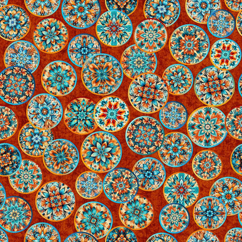 Quilting Treasures Fabrics Oasis Dan Morris Red Fiesta Rose Floral Tile Circles, vibrant floral circle pattern with blue, orange, and cream colors on a rust background. Quilting Treasures Fabrics Oasis Dan Morris Red Fiesta Rose Floral Tile Circles, vibrant floral circle pattern with blue, orange, and cream colors on a rust background.