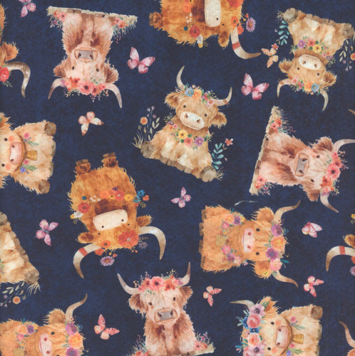 Quilting Treasures Fabrics QT Cuties 2 Dan Morris Navy Blue Baby Highland Cows
