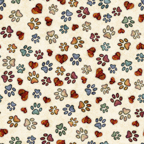 Quilting Treasures Fabrics QT Cuties 2 Dan Morris Cream Red Blue Puppy Paw Prints