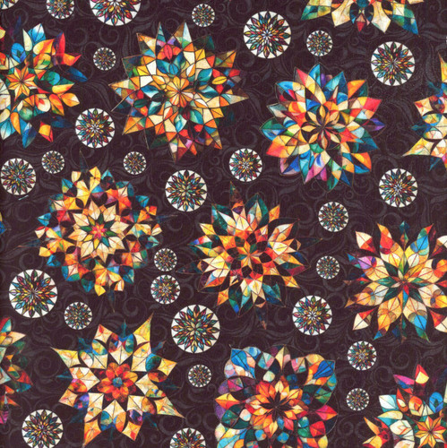 Quilting Treasures Fabrics Solstice Dan Morris Black Stained Glass Kaleidoscope Stars
