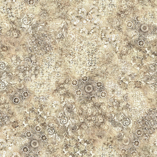 Quilting Treasures Fabrics Roar of the Pride Dan Morris Cream Weathered Paisley, fabric with a vintage-inspired weathered paisley pattern in cream, beige, and brown tones.