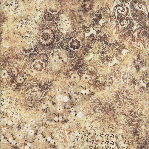 Quilting Treasures Fabrics Roar of the Pride Dan Morris Cream Weathered Paisley, fabric with a weathered cream background featuring intricate brown paisley and floral patterns.