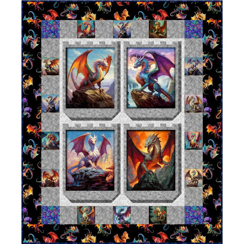 Quilting Treasures Fabrics Dragon's Song Dan Morris Great Houses Quilt Kit, intricate quilt featuring vibrant dragon illustrations with decorative border.