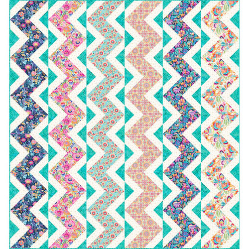 Quilting Treasures Fabrics Exotica Dan Morris Garden Lattice Quilt Kit, colorful floral and geometric fabric patterns arranged in a zigzag quilt design.