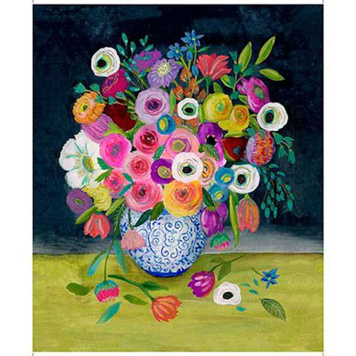 Quilting Treasures Fabrics Blooming Bouquet Blue Green Pink Yellow Watercolor Floral Vase