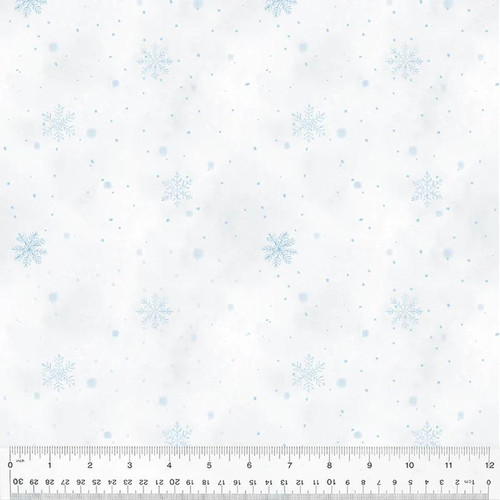 Windham Fabrics Winter Whisper Ice Flurries, fabric with a winter-themed pattern of blue snowflakes and ice flurries on a light background.