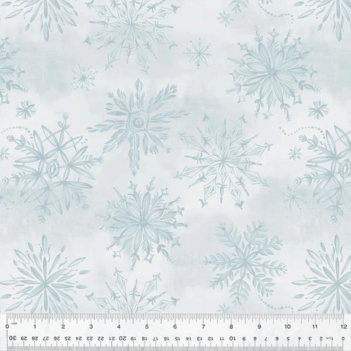 Windham Fabrics Winter Whisper Ice Snowfall Snowflake 108 Inch Wide Quilt Backing, light blue and white snowflake pattern on fabric.