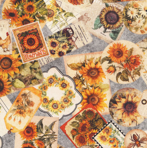Quilting Treasures Sunflower Serenade Dan Morris Grey Yellow Sunflower Ephemera