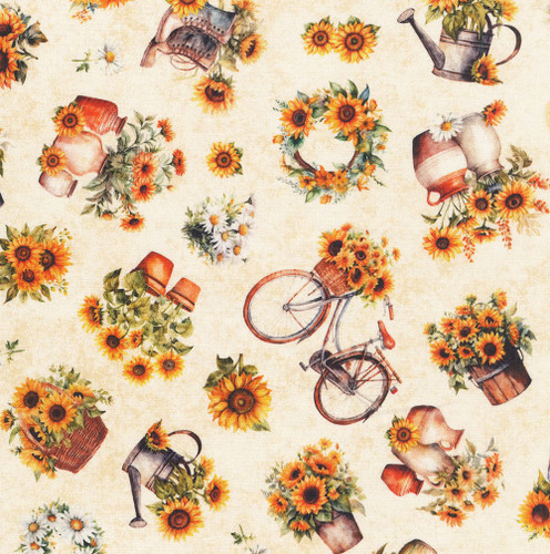 Quilting Treasures Sunflower Serenade Dan Morris Cream Sunflowers and Bikes