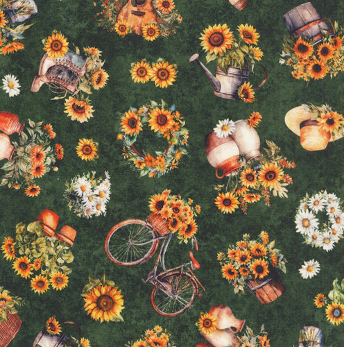 Quilting Treasures Sunflower Serenade Dan Morris Green Yellow Sunflowers and Bikes