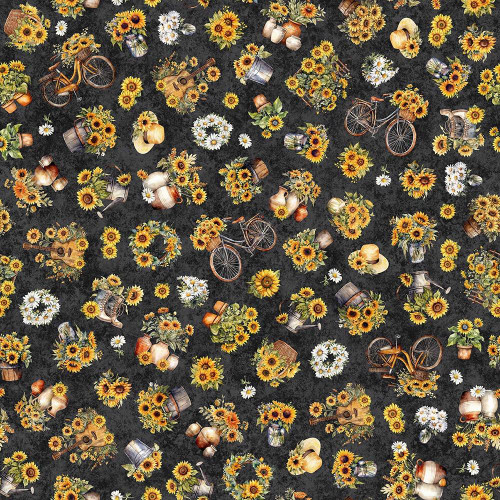 Quilting Treasures Sunflower Serenade Dan Morris Black Yellow Sunflowers and Bikes, fabric with a floral and bicycle pattern.