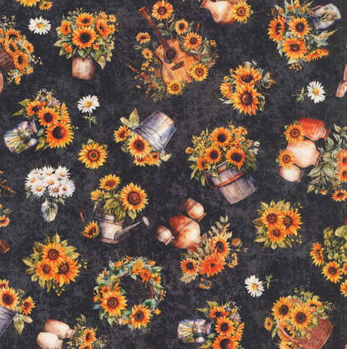 Quilting Treasures Sunflower Serenade Dan Morris Black Yellow Sunflowers and Bikes