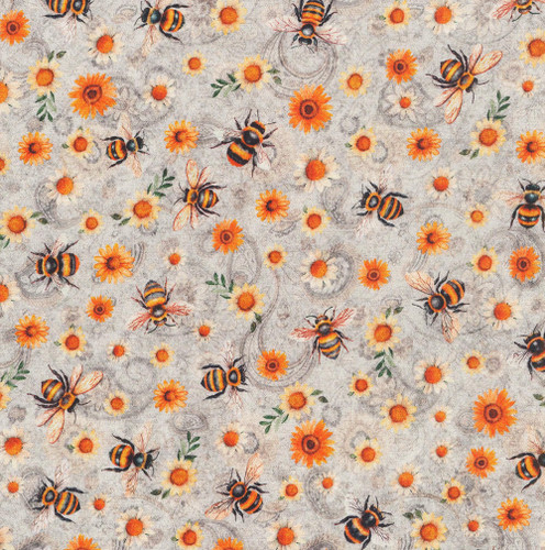 Quilting Treasures Sunflower Serenade Dan Morris Grey Yellow Sunflowers and Bees