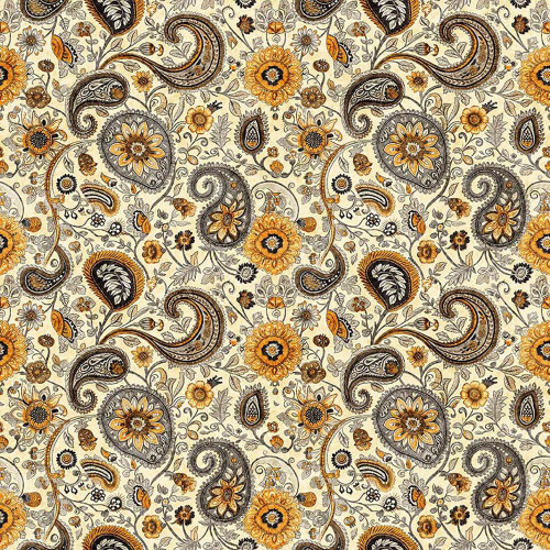 Quilting Treasures Sunflower Serenade Dan Morris Cream Grey Sunflower Paisley fabric, detailed floral and paisley pattern in cream, grey, orange, and black colors.