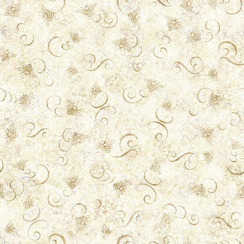 Quilting Treasures Sunflower Serenade Dan Morris Cream Grey Scrolls and Bees, fabric with a cream and grey background featuring intricate sunflower, scroll, and bee patterns.