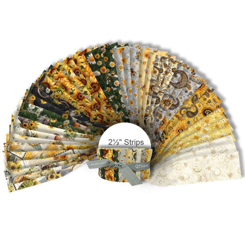 Quilting Treasures Sunflower Serenade Dan Morris Jelly Roll Strips, a colorful collection of 2.5-inch fabric strips featuring sunflower and floral patterns in yellow, white, green, and beige tones.