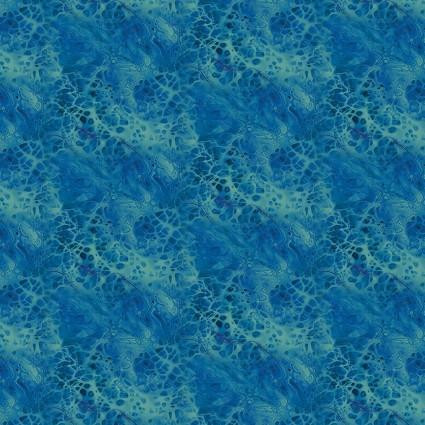 Benartex Fabrics Under the Sea Royal Turquoise Blue Water, close-up view of fabric with a vibrant, abstract ocean-inspired pattern in shades of turquoise and blue.