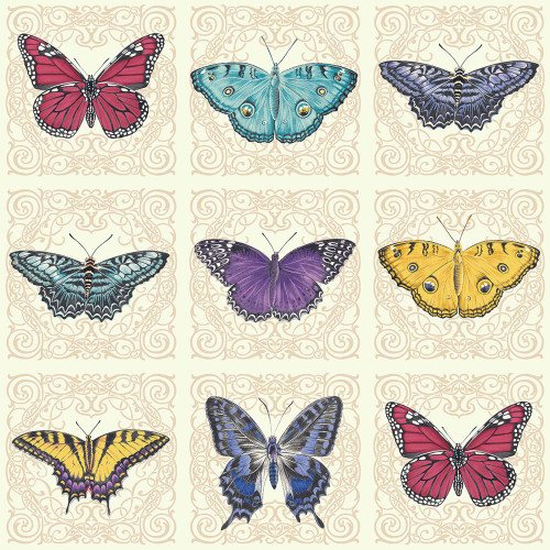 Benartex Fabrics Circle of Butterflies Jackie Robinson Cream Butterfly Nouveau Panel, detailed illustrations of colorful butterflies on a cream background.
