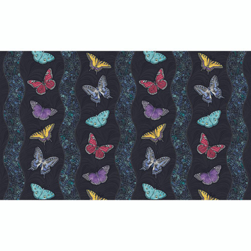 Benartex Fabrics Circle of Butterflies Jackie Robinson Black Butterfly Split Waves, fabric with colorful butterflies on black background and split wave pattern.